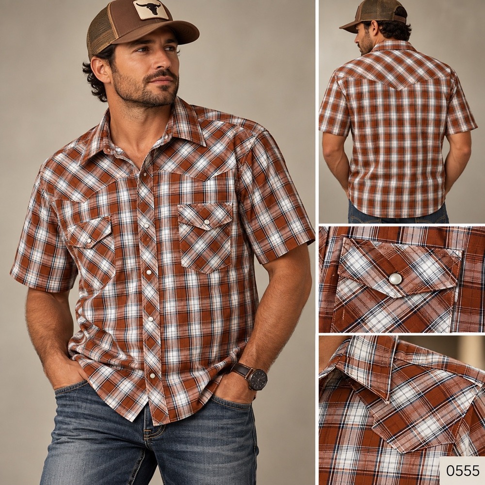 Wrangler Western Shirts Mens 2XL Rust Plaid Pearl Snap Short Sleeve Shirt 0555